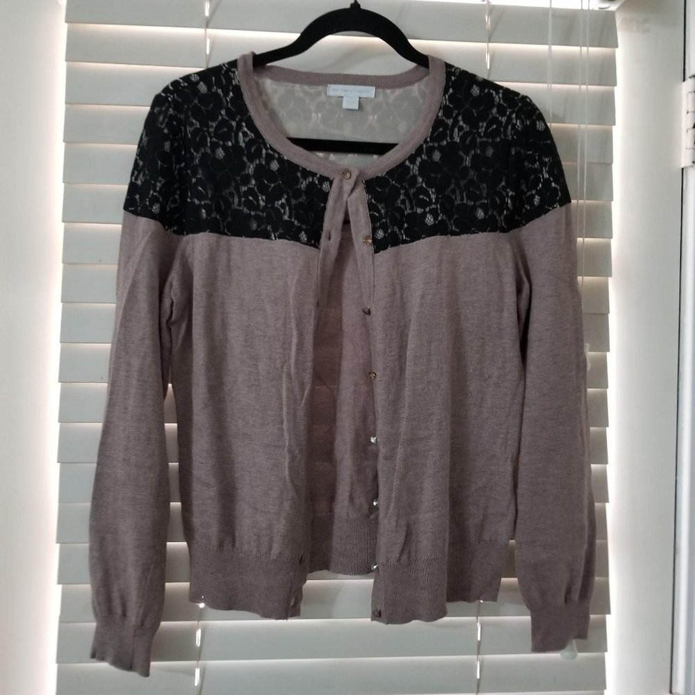 New York & Company M Beige Black Lace Trim Cardigan